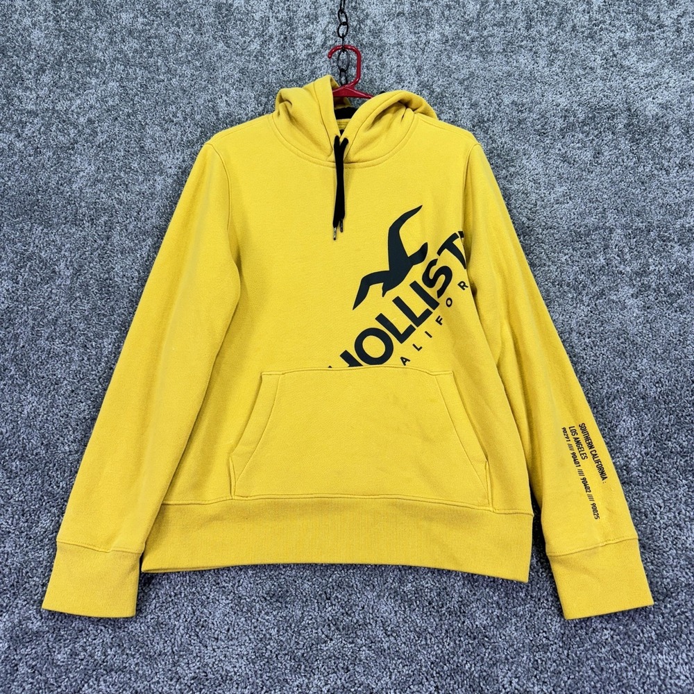 Hollister Hoodie Mens Small Yellow Fleece Pullover Logo Graphic Casual City